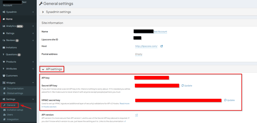 Lipscore API Keys Settings Instruction