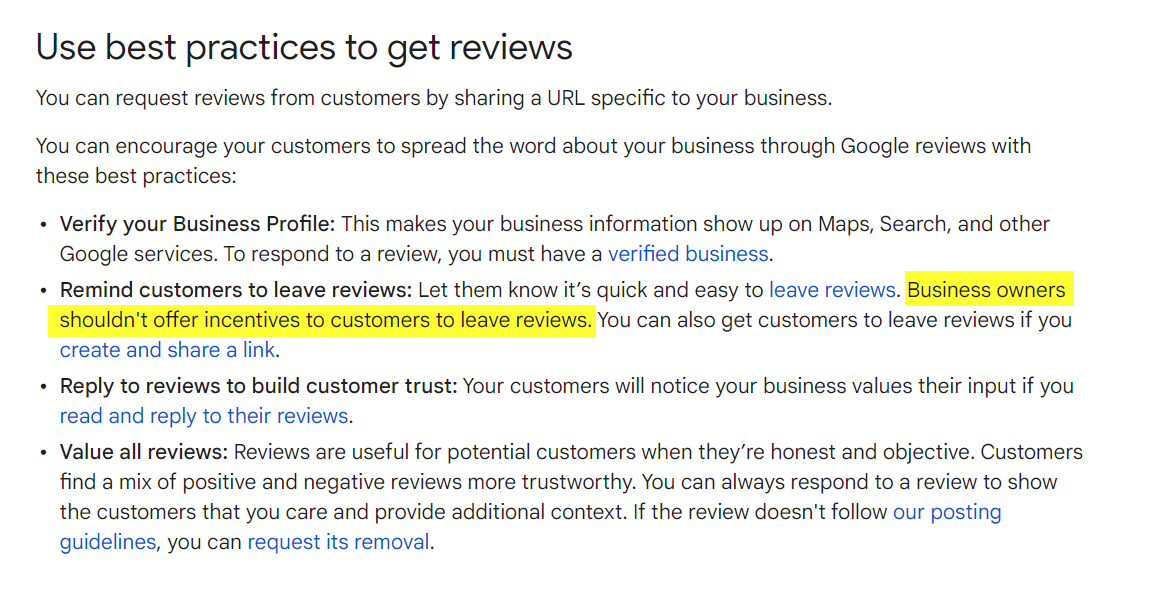 Google about incentives for reviews