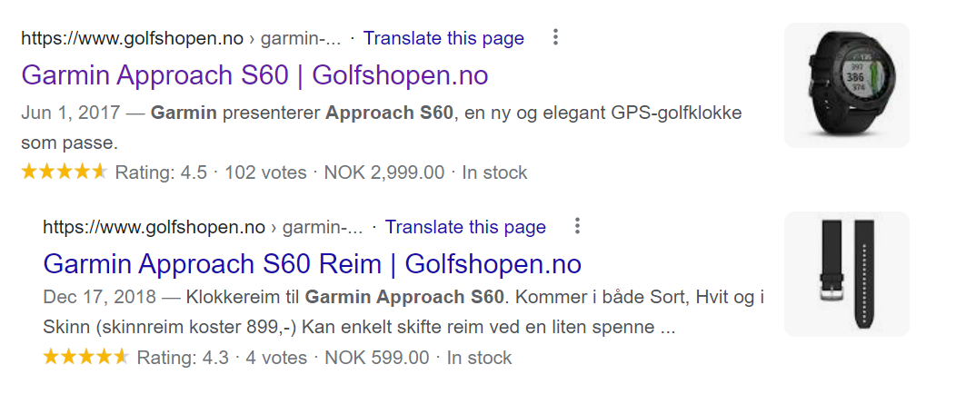 Stars in organic search results - Golfshopen