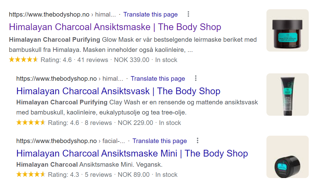 Stars in organic search results - the Body Shop