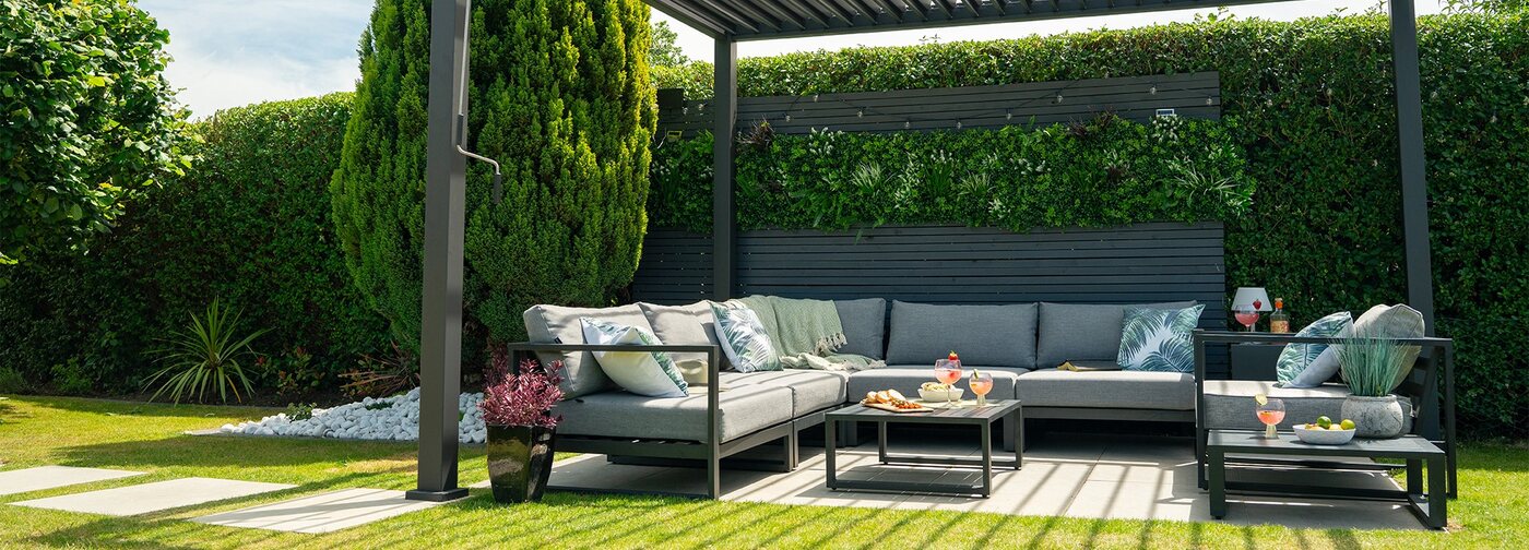 White Stores garden seating beneath a pergola